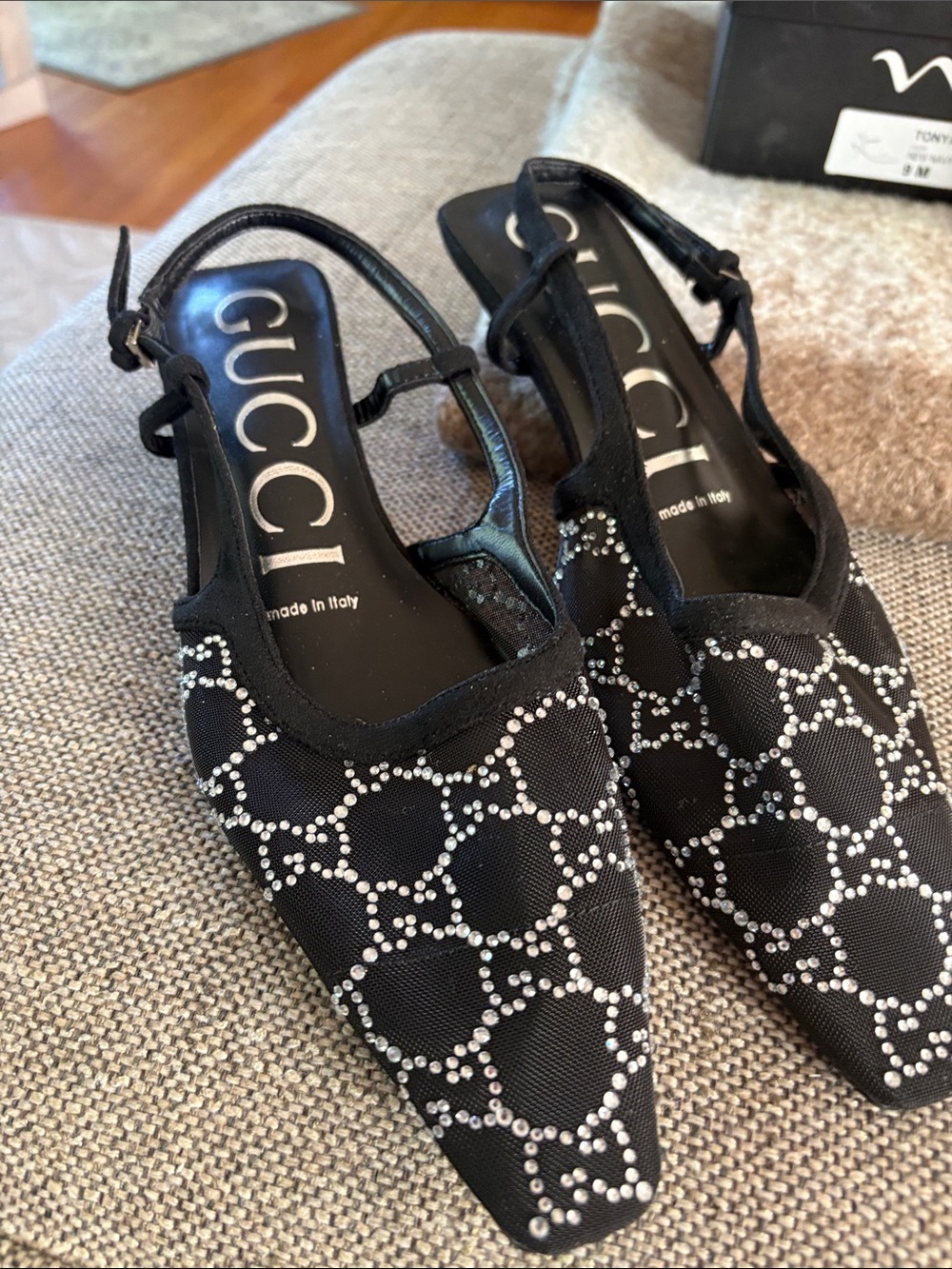 Copy Gucci Black Crystal-Embellished Slingback Pumps